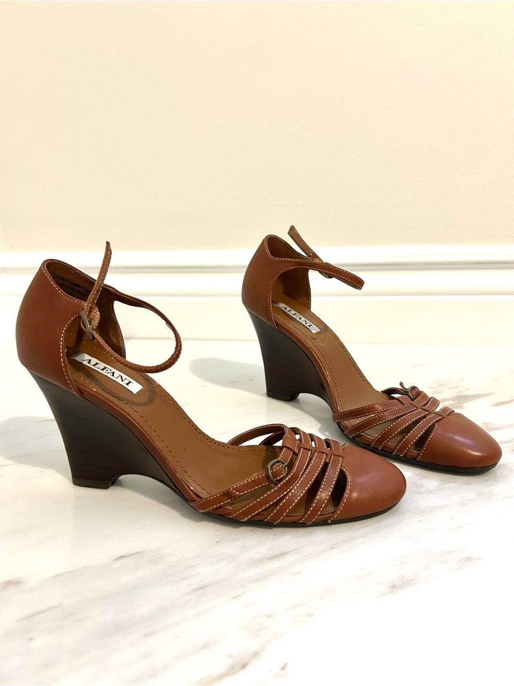 Alfani Brown Leather Ankle-Strap Wedge Heels, Size 5.5